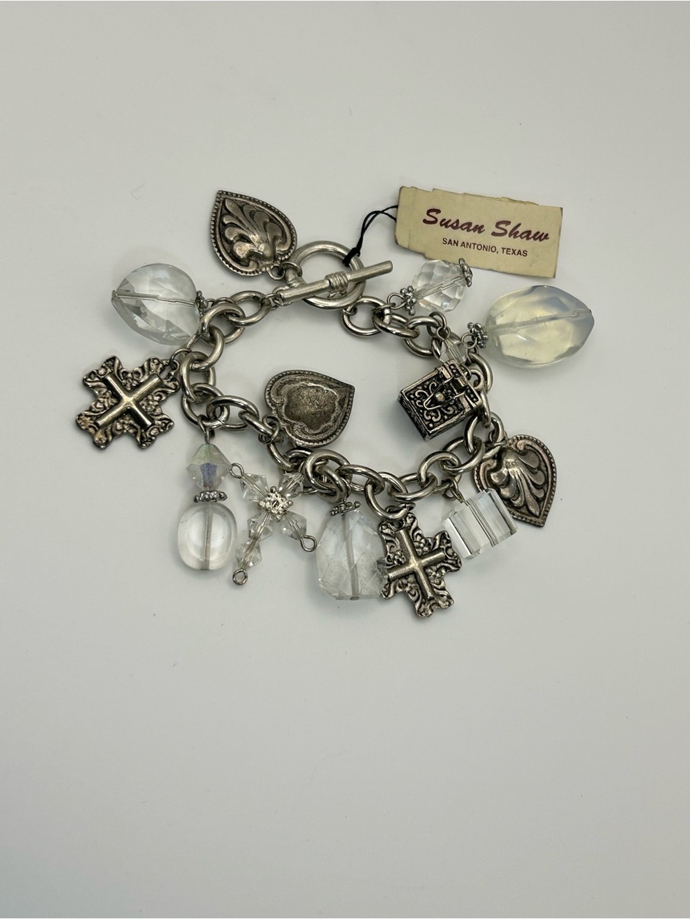 Susan Shaw Crystal & Cross Charm Bracelet 7.5" Silver Plated Vintage San Antonio